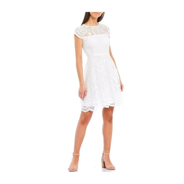 KENSIE DRESSES Womens White Lace Floral Flutter Sleeve Crew Neck Short Party Fit Flare Dress 2