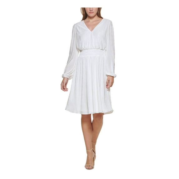 KENSIE DRESSES Womens White Pleated Lined Smocked Waist Long Sleeve V Neck Above The Knee Cocktail Fit + Flare Dress 12