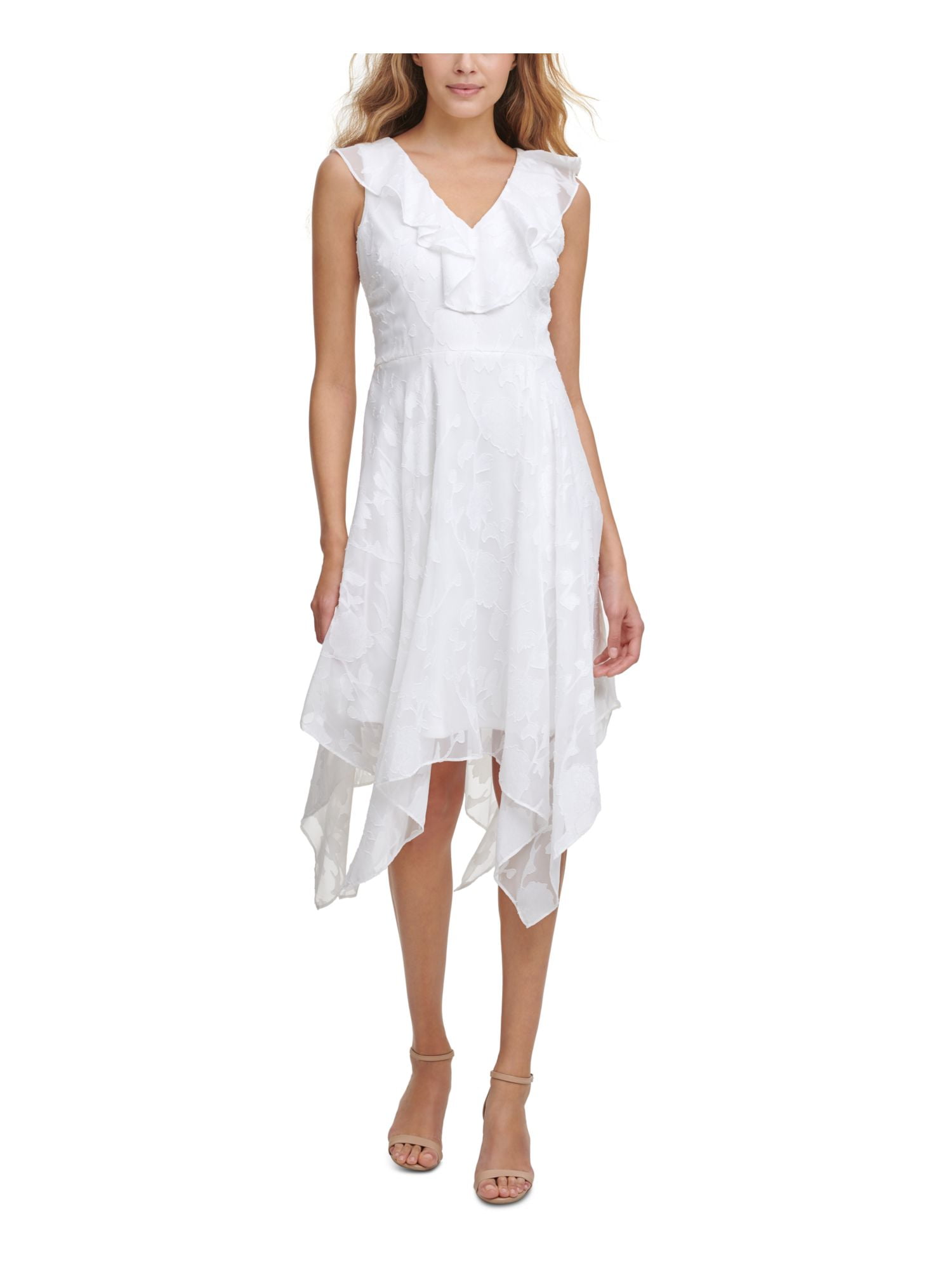 KENSIE DRESSES Womens White Ruffled Zippered Handkerchief Hem Floral ...