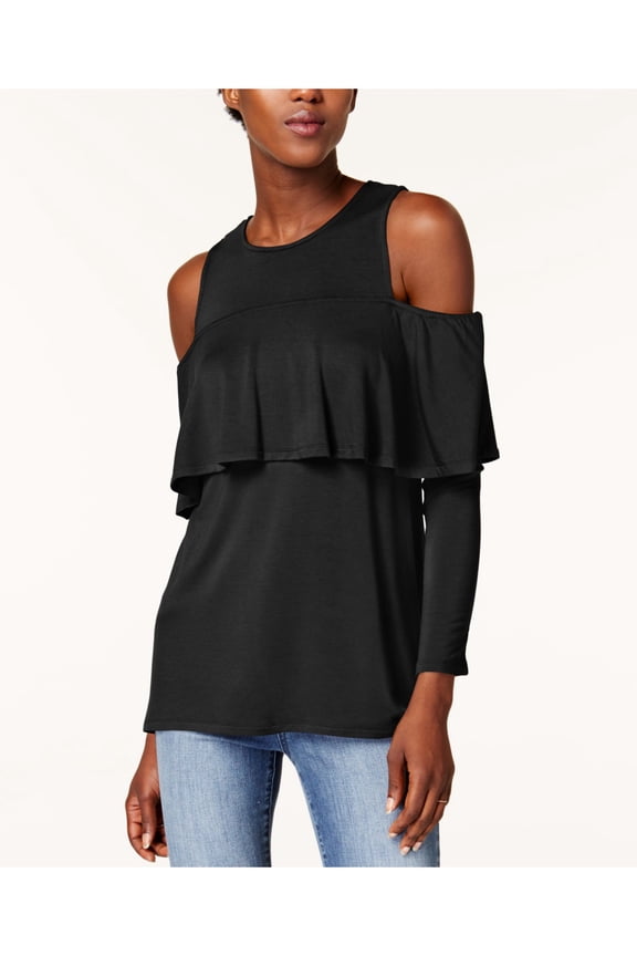 Womens Black Cold Shoulder Ruffled Long Sleeve Top M