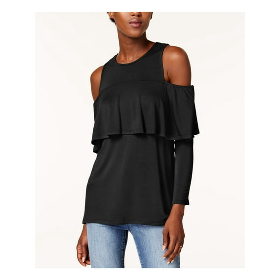 KENSIE Womens Black Cold Shoulder Ruffled Long Sleeve Top M