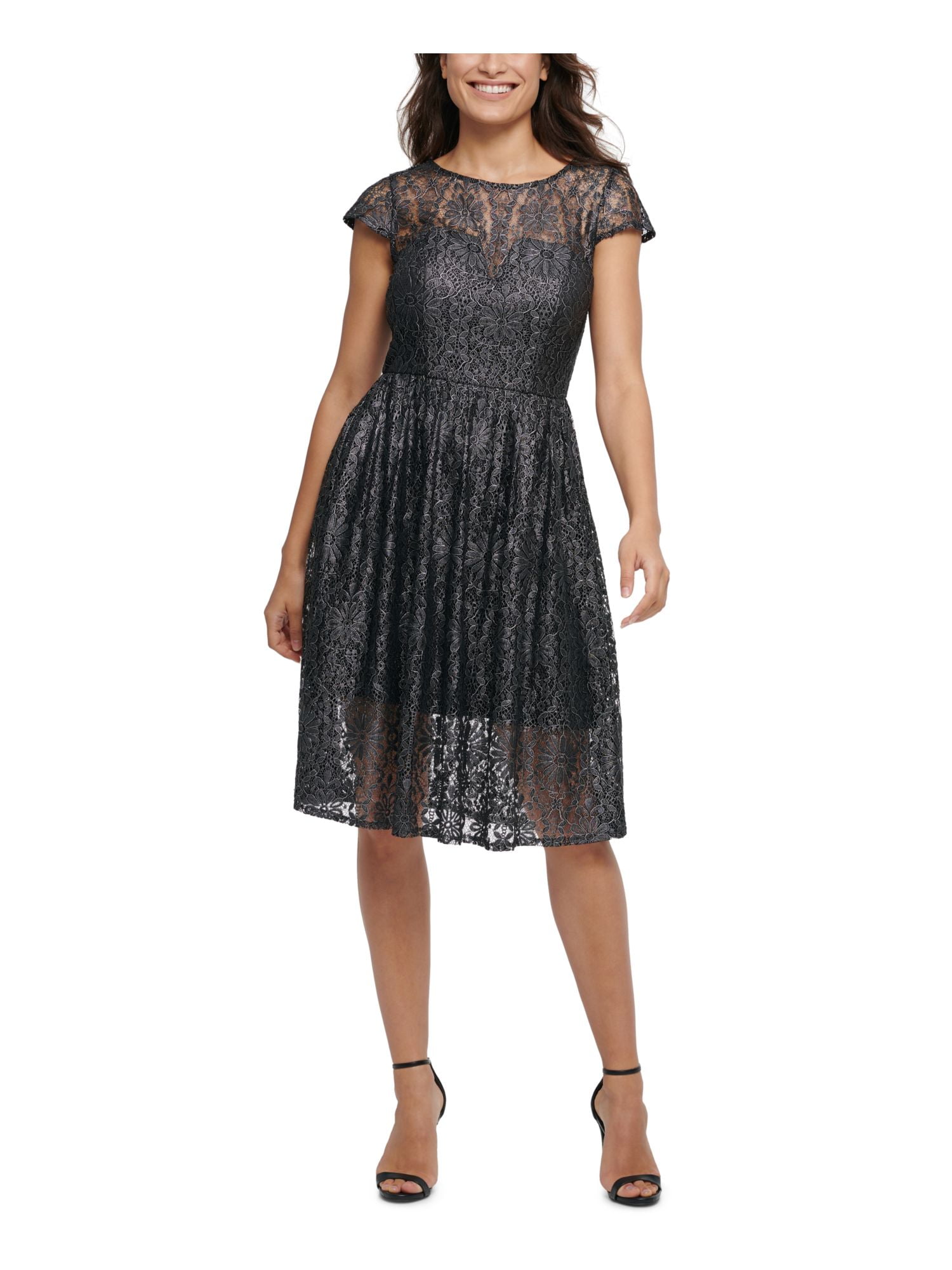 KENSIE Womens Black Lace Floral Illusion Neckline Knee Length Cocktail Fit Flare Dress 2