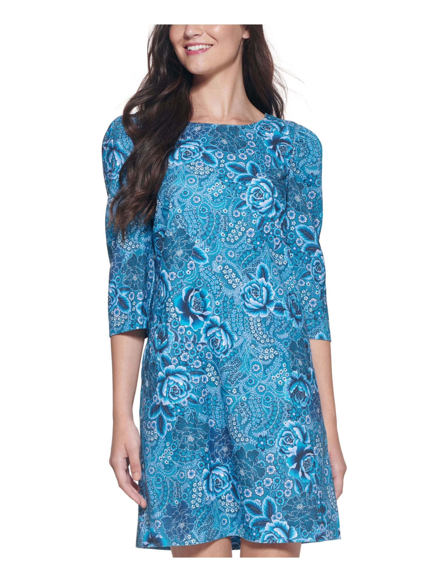 KENSIE DRESSES Womens Black Zippered Lined Floral Pouf Sleeve Square Neck Short Party Fit + Flare Dress