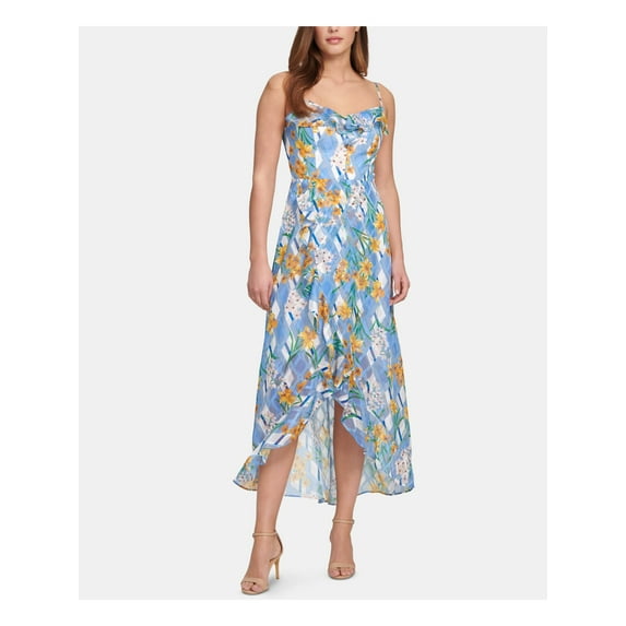KENSIE Womens Blue Ruffled Printed Spaghetti Strap V Neck Tea-Length Hi-Lo Dress 14