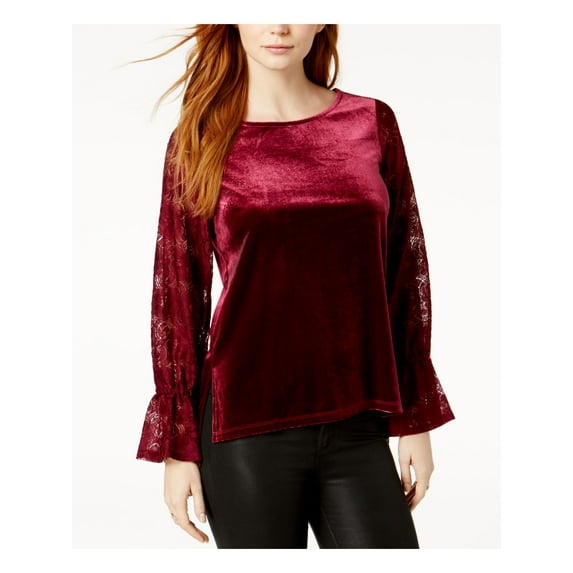 KENSIE Womens Burgundy Crushed Velvet Bell Cuff Long Sleeve Top L