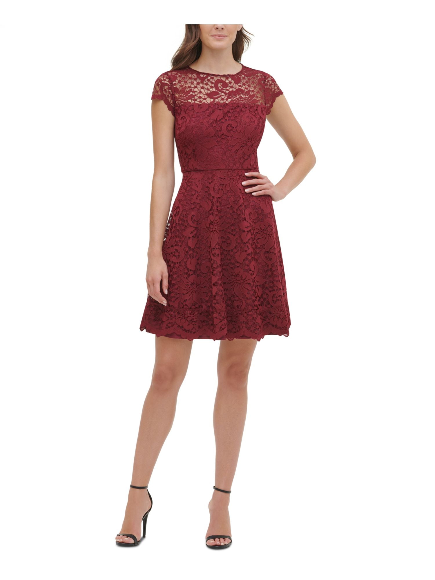 KENSIE Womens Burgundy Short Sleeve Short Fit + Flare Dress Size: 12 -  Walmart.com