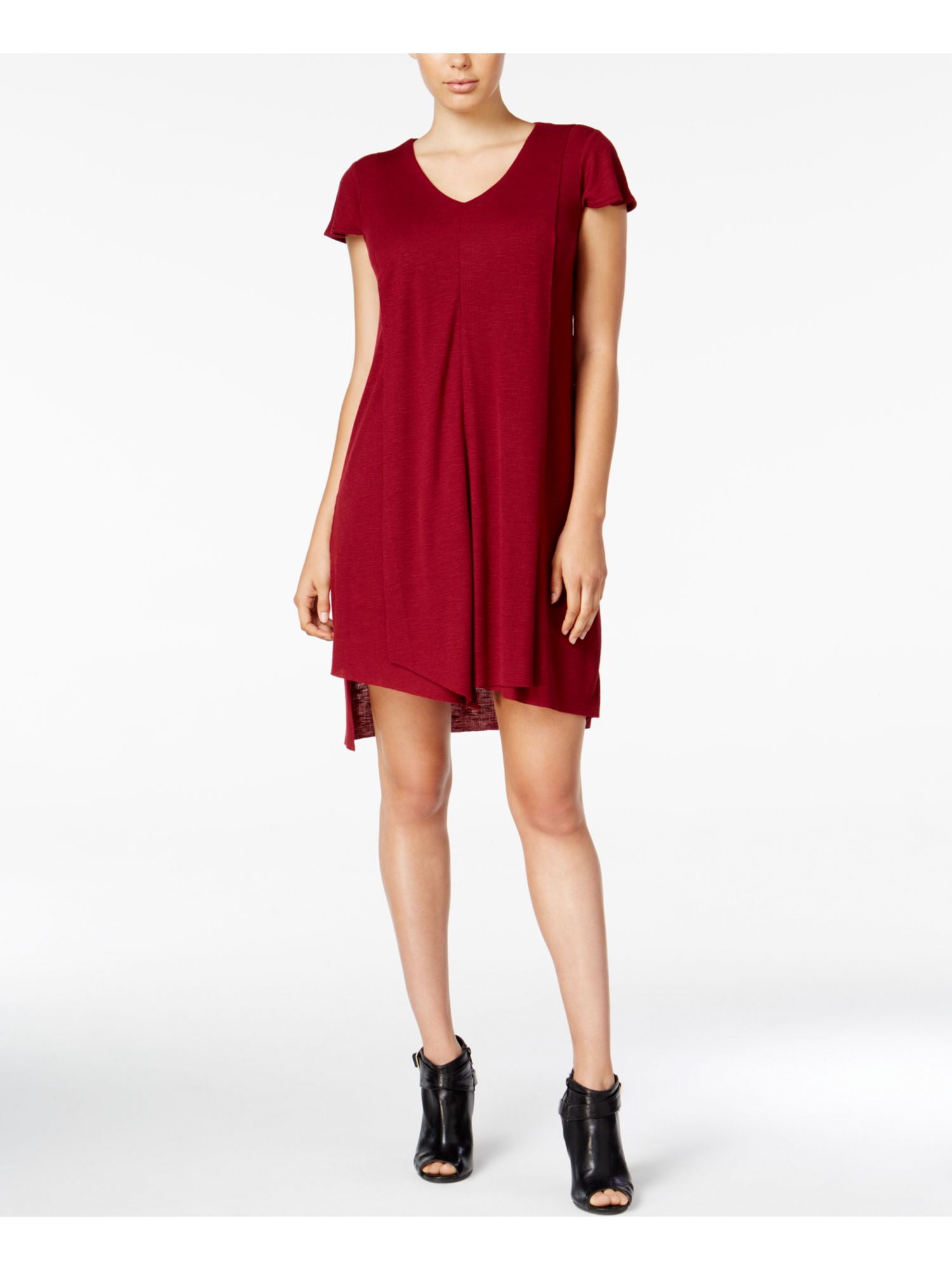 KENSIE Womens Burgundy Short Sleeve V Neck Below The Knee Shift Dress