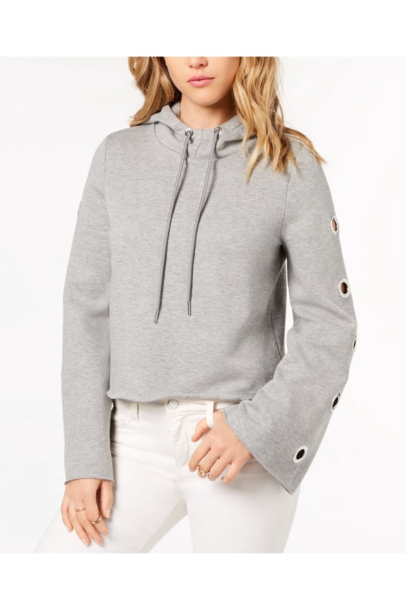 Womens Gray Embellished Hooded Long Sleeve Open Cardigan Sweater L