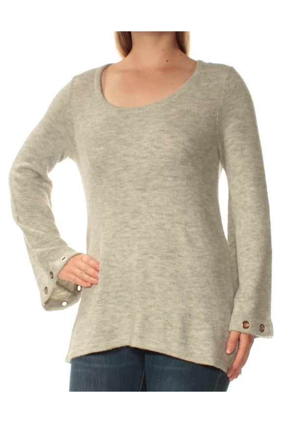 Womens Gray Eyelet Bell Sleeve Scoop Neck Sweater S
