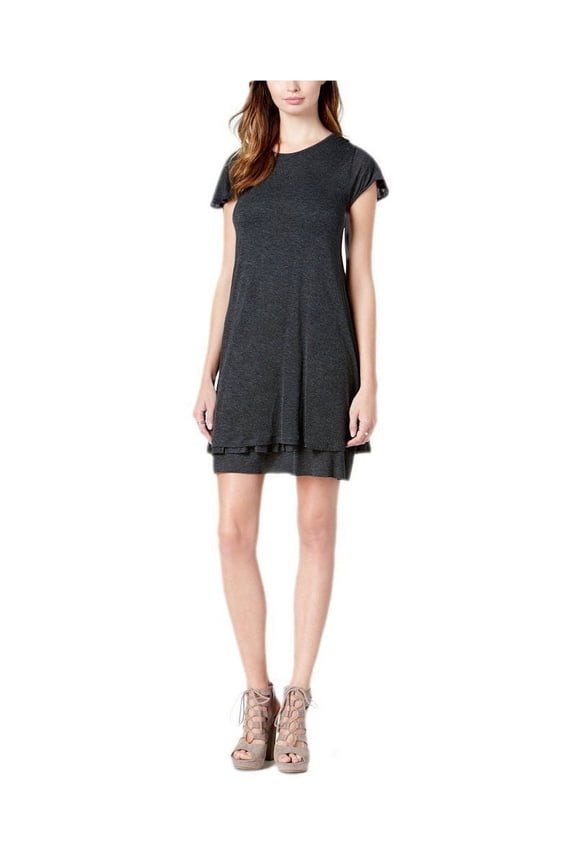 Womens Gray Layered Short Sleeve Jewel Neck Mini Shift Wear To Work Dress Size: S