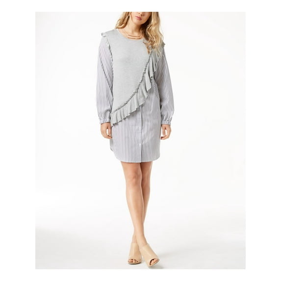KENSIE Womens Gray Ruffled Knit Striped Long Sleeve Crew Neck Knee Length Shirt Dress S