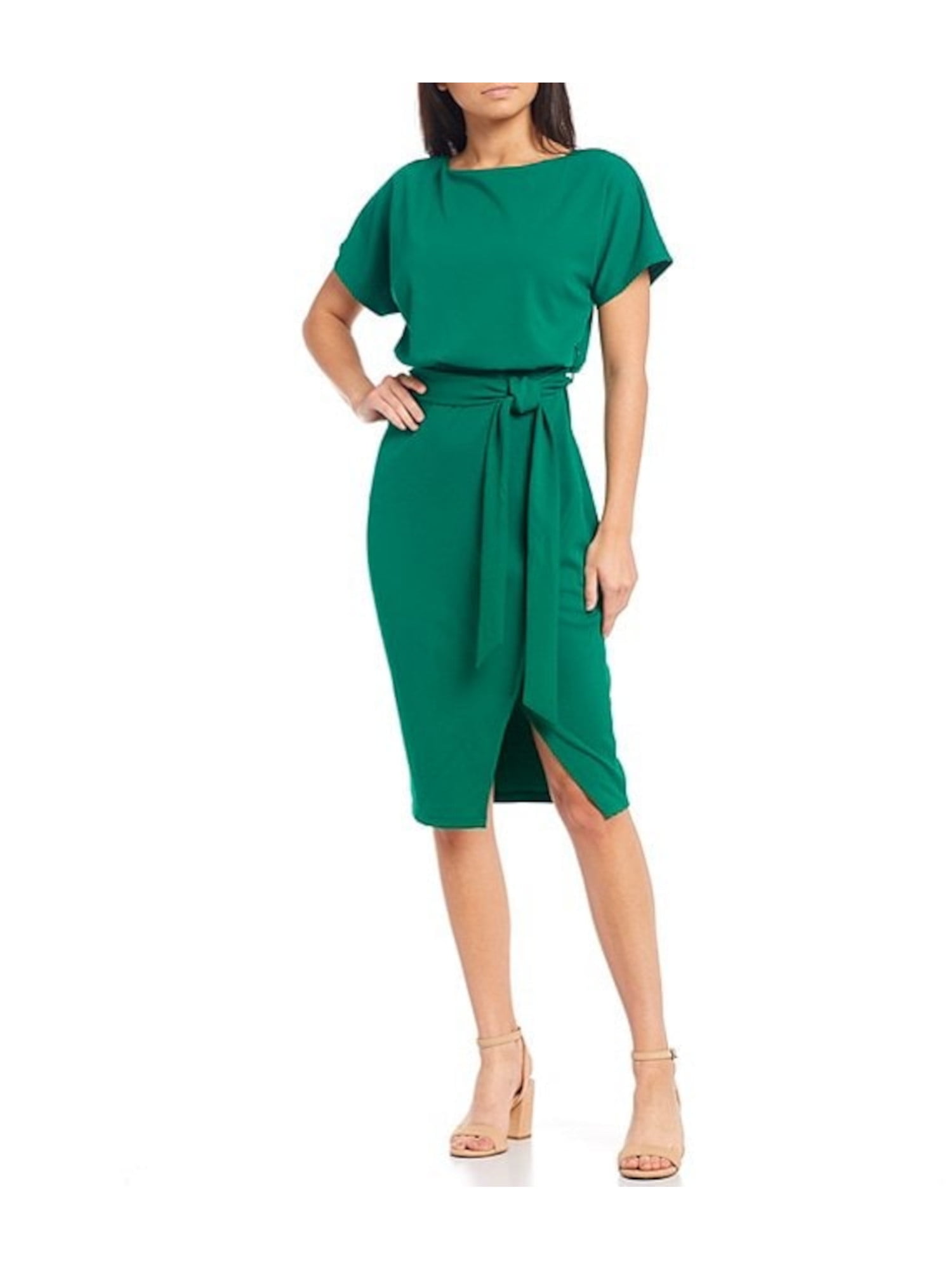 KENSIE Womens Green Stretch Belted Zippered Wrap Style Short Sleeve Boat  Neck Knee Length Wear To Work Blouson Dress 4