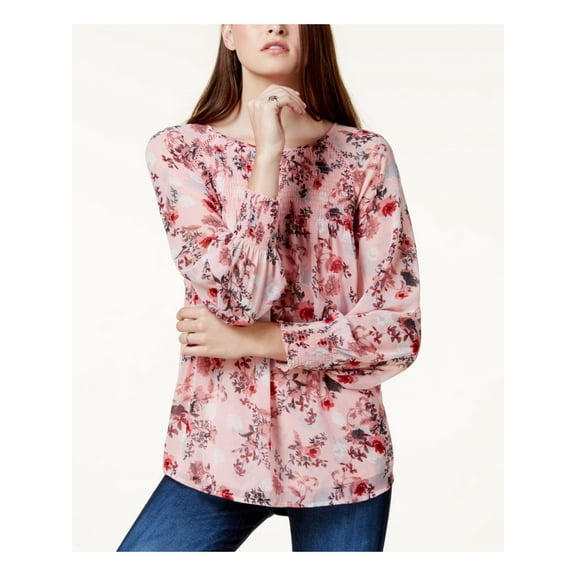 KENSIE Womens Pink Floral Crew Neck Long Sleeve Blouse Top S