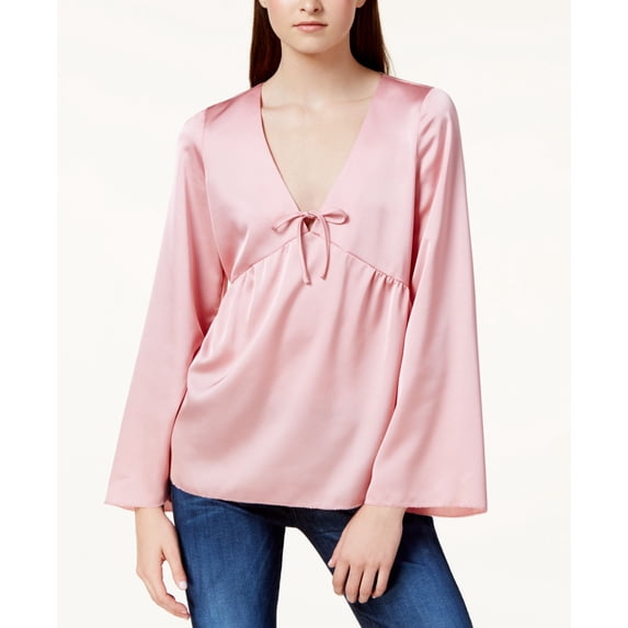 KENSIE Womens Pink Shiny Bell Sleeve V Neck Tunic Top Size: L