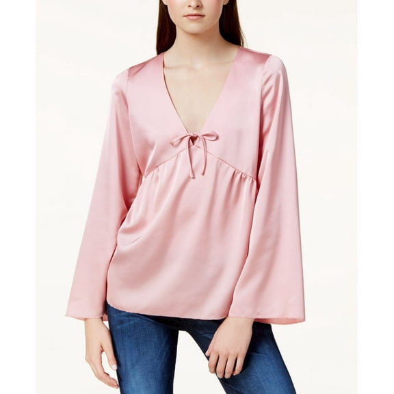 KENSIE Womens Pink Shiny Bell Sleeve V Neck Tunic Top Size: L