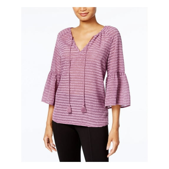KENSIE Womens Purple Textured Striped Bell Sleeve Jewel Neck Tunic Top L