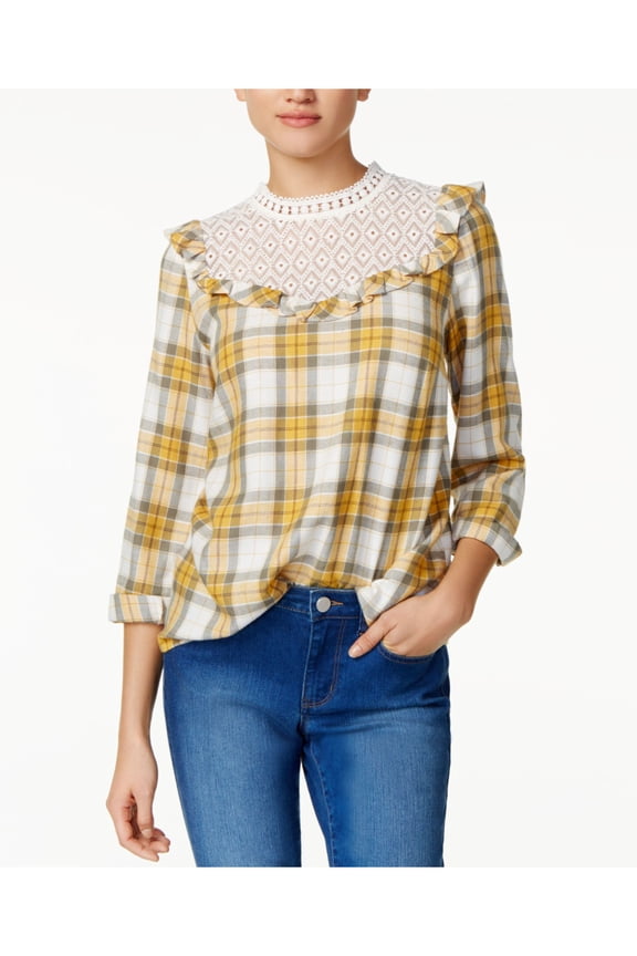 Womens Yellow Ruffled Lace Plaid Long Sleeve Bib Neck Wear To Work Tunic Top L