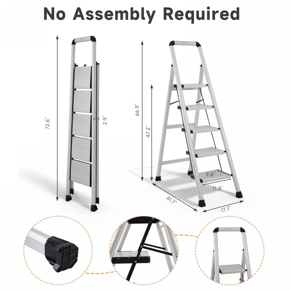 Aluminum 5 Step Ladder with Handrail, Lightweight Foldable Step Stool with Non-Slip Pedals, Portable Ladder for Kitchen, Garage, and Home Use, Silver