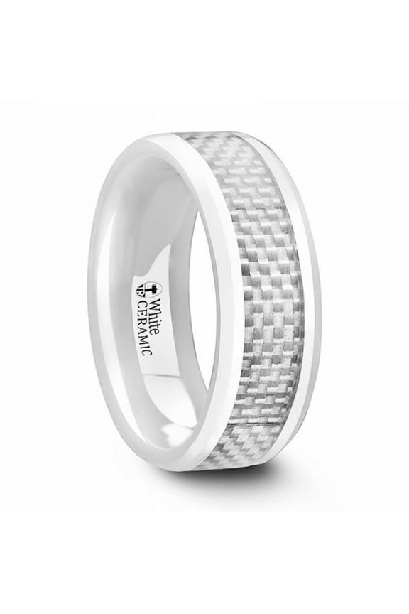 KENYON Beveled Polished White Ceramic Wedding Band with White Carbon Fiber Inlay – 8mm