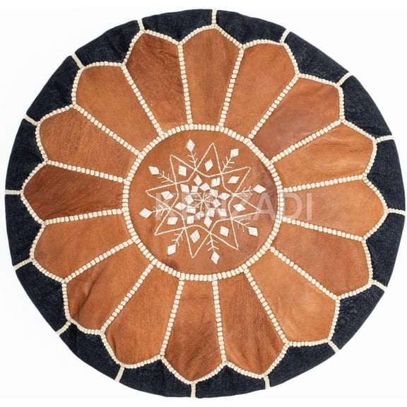 KENZADI Stuffed Genuine Leather Pouf Handmade Stitched in Marrakech by Moroccan Artisans (Jean with Tan)
