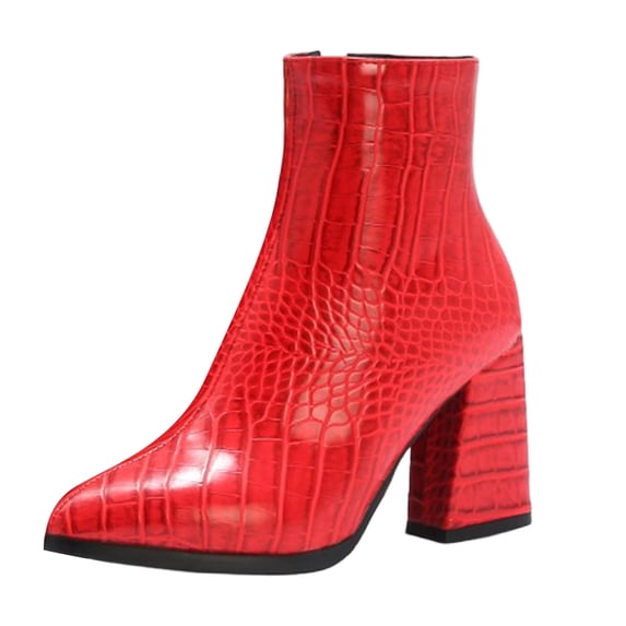 KENZONS Women's Chunky High Heel Pointed Toe Ankle Boots, Fall Winter Warm Boots With Side Zipper (Red,7.5)