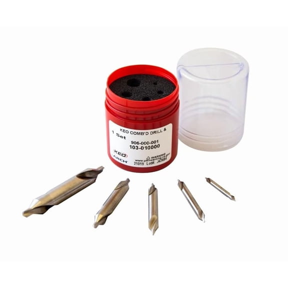 KEO 10000 High-Speed Steel Plain Combined Drill and Countersink Set, Uncoated (Bright) Finish, 60 Degree Point Angle, #1 - #5 Wire Sizes