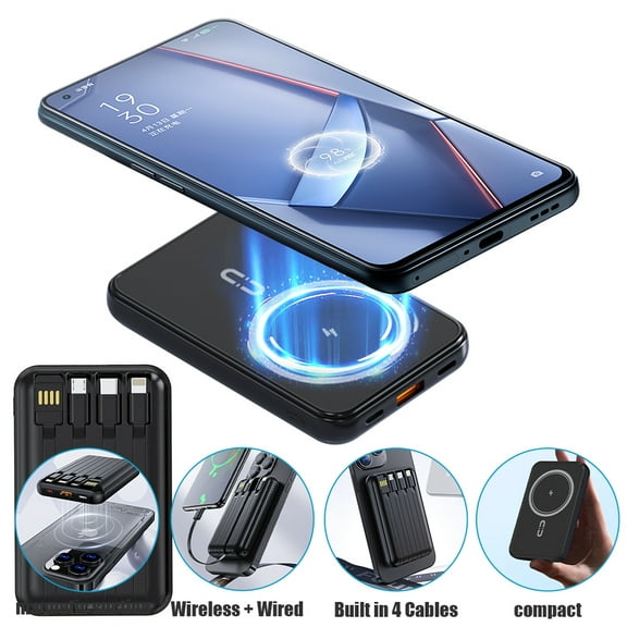 KEPEAK 10000mAh Magnetic Wireless Power Bank, Portable Charger with Built-in 4 Cables, Slim Fast Charging Power Bank for Cell Phones, Black