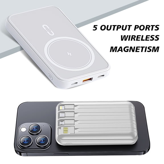 KEPEAK 10000mAh Magnetic Wireless Power Bank, Portable Charger with Built-in 4 Cables, Slim Fast Charging Power Bank for Cell Phones, White