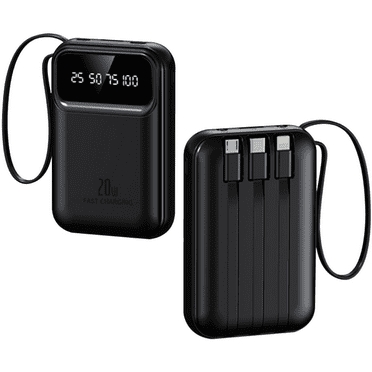 DFITO Portable Charger 10000mAh Power Bank, Portable Battery with 4 Built-in Cables, 20W Fast Charging Battery Pack, Black