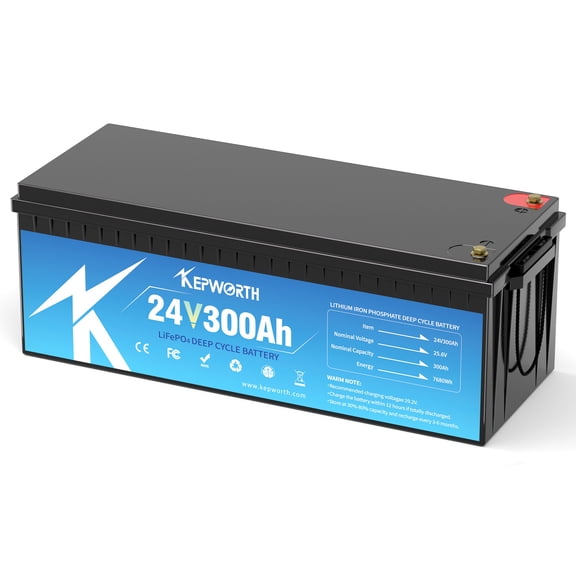 KEPWORTH 24V Lithium Battery 300Ah LiFePO4 Batteries, Built-In 200A BMS with Low-Temp Protection,4000+ Deep Cycle, for off-Grid Application, Boat, Solar System, Trolling Motors