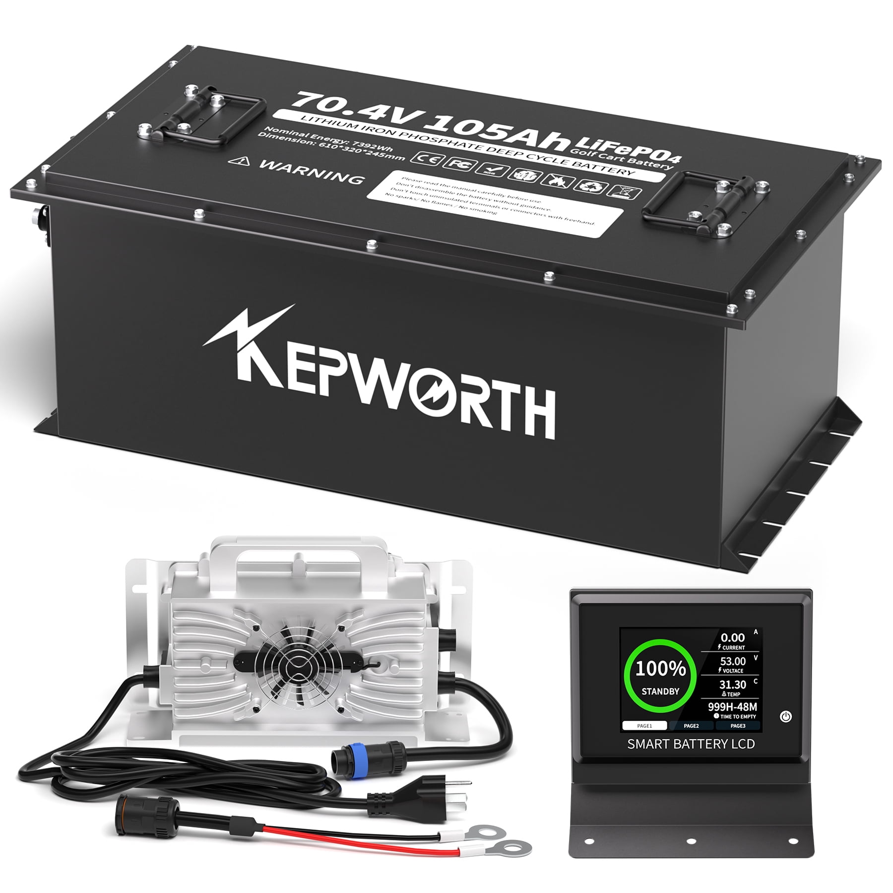 KEPWORTH 72V Battery Lithium Batteries Golf Cart 105Ah with 200A Bluetooth BMS, Touch Monitor & 18A Faster Charger, 4000+ Deep Cycle Rechargeable LiFePO4 Battery for Golf Carts