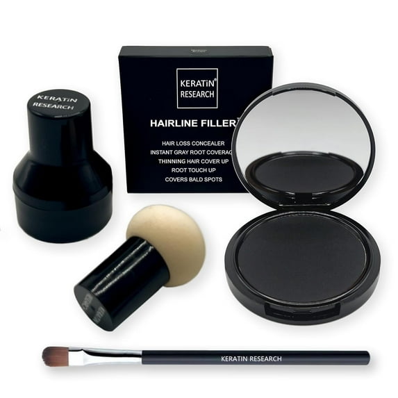 KERATIN RESEARCH Hairline Filler Unisex Mineral Powder Root Touch-Up Hair loss Concealer Scalp & Beard Bald Patch Coverage Fibers for Thinning Hair Waterproof Organic Natural look (BLACK, XL)