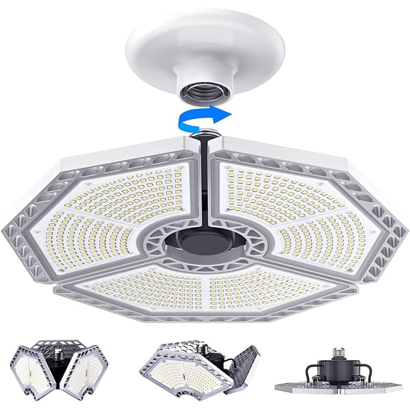 KERNOWO LED Garage Lights, 140W 18500 Lume Garage Lighting, 6000K Daylight with Deformable Three Panel Ceiling Light Fixture E26/E27 Triple Glow LED Shop Light for Basement Workshop Warehouse