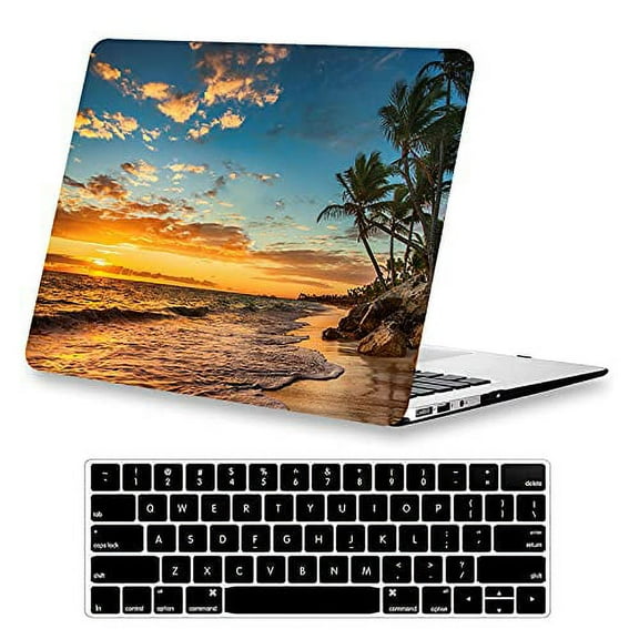 KEROM Compatible with MacBook Air 13 inch Case 2021 2020 2019 2018 Release M1 A2337 A2179 A1932 with Touch ID, Plastic Hard Shell Logo Cutout Case & Keyboard Cover, Beach Sunset