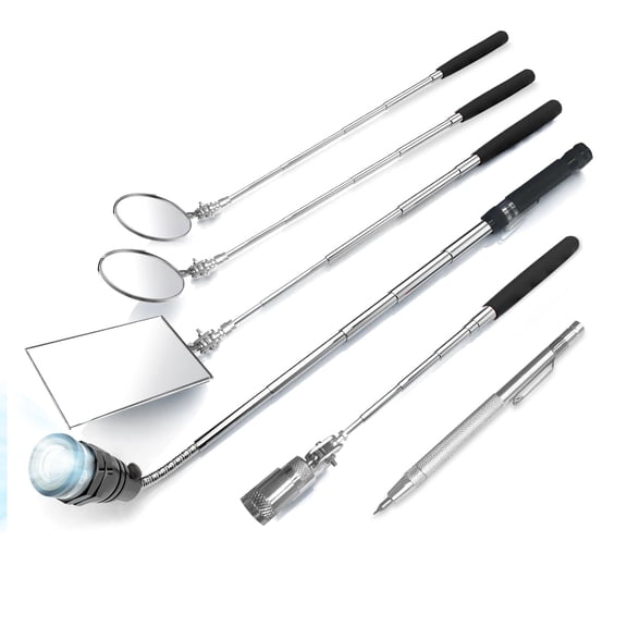 KERPOS 7-Piece Telescoping Mirror Set, Adjustable Inspection Mirror Magnetic Pickup Tool with 15lb Retriever, 360 Swivel Magnet Mirror, LED Flashlight, for Mechanics and Automotive Use