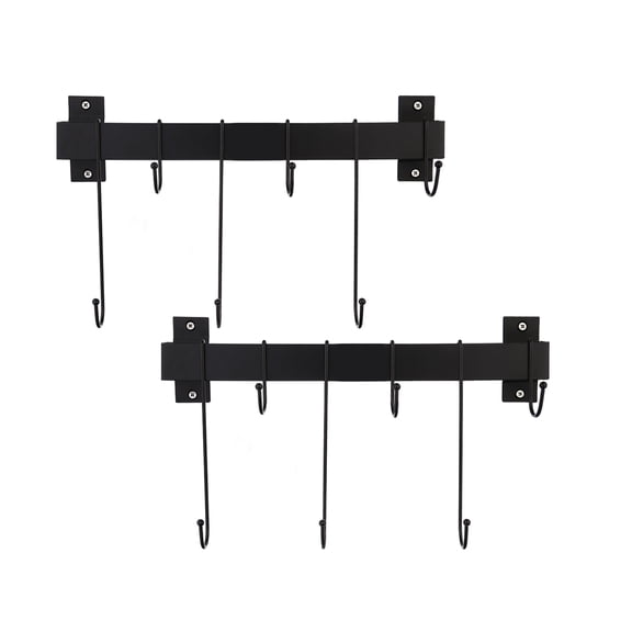 KES 2 Pack Kitchen Hanging Rod Pot Rack, Wall Mounted Utensil Organizer with 5 Detachable Hooks for Pan Lids, Mugs and Towels, Black