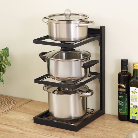 KES 3-Tier Adjustable Pot and Pan Organizer Rack for Kitchen Cabinets and Under Sink Storage, Heavy Duty Iron Cookware Organizer,Black