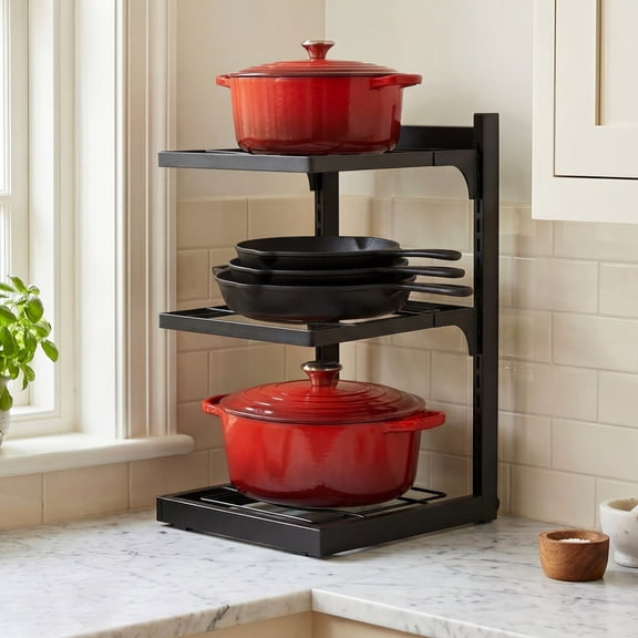 KES 3-Tier Adjustable Pot and Pan Organizer Rack for Kitchen Cabinets and Under Sink Storage, Heavy Duty Iron Cookware Organizer,Black