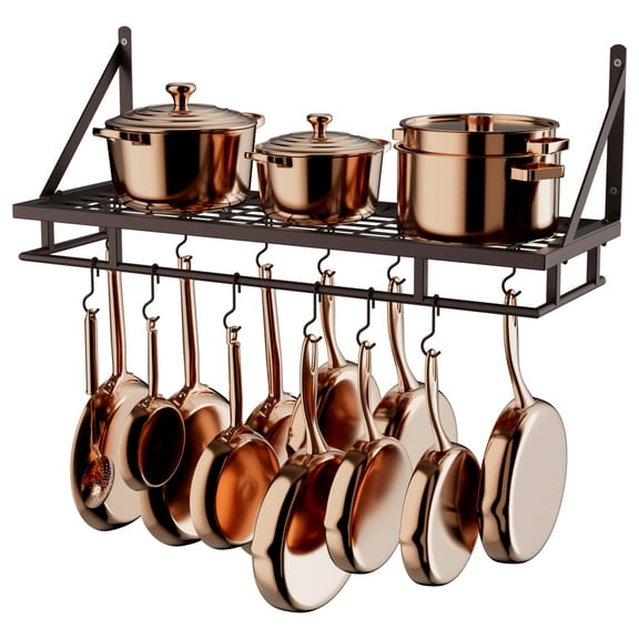 KES 30-Inch Oiled Bronze Pot Rack, Wall Mounted Hanging Pot and Pan Organizer with 12 Sturdy Hooks, Kitchen Wall Hanger Shelf Farmhouse Style, WMKPR001S75AOB