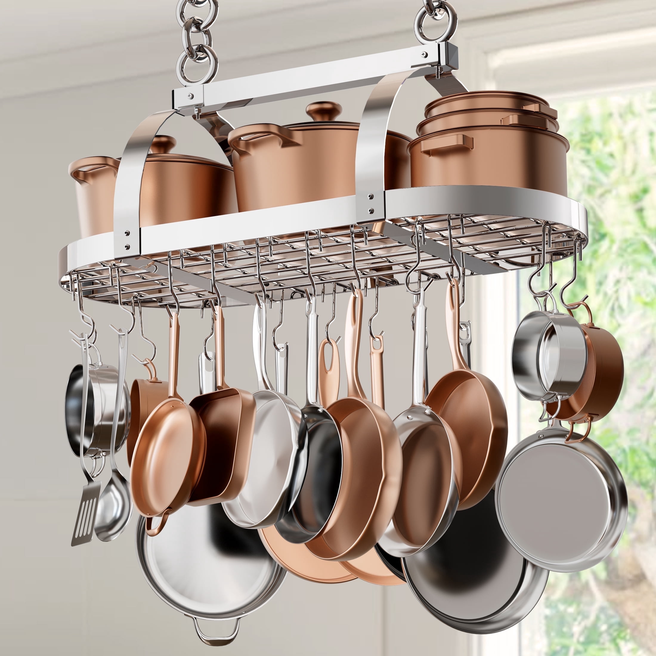Ceiling Pan Racks KES 34 Inch Chrome Hanging Pot Rack Ceiling Mount, Heavy Duty Oval Pot ...