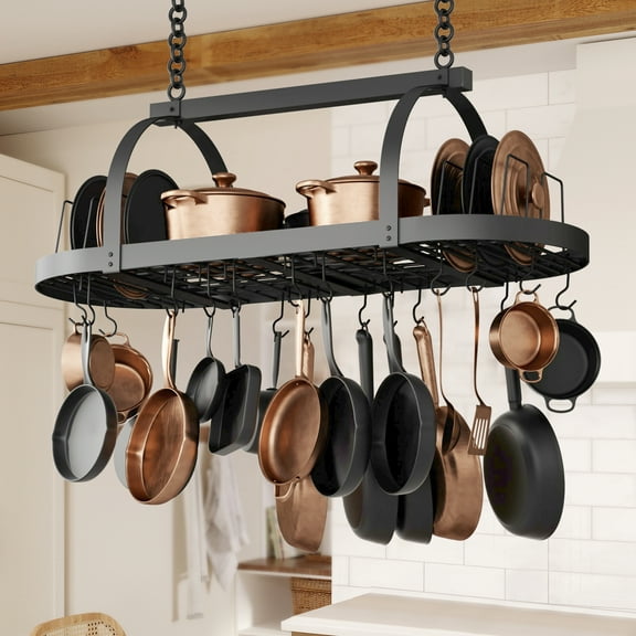 KES 48 Inch Large Ceiling Pot Rack with Lid Organizer, Oval Heavy Duty Hanging Pot Rack Ceiling Mount for Kitchen Over Island, Cast Iron Pan Hanger with 20 Hooks, Matte Black