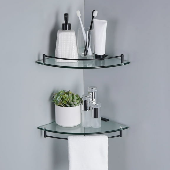 KES Bathroom Glass Corner Shelf Tempered Glass Shelf Wall Mount Corner Shelves SUS 304 Stainless Steel Matte Black 2 Pack, WMBS002BKP2