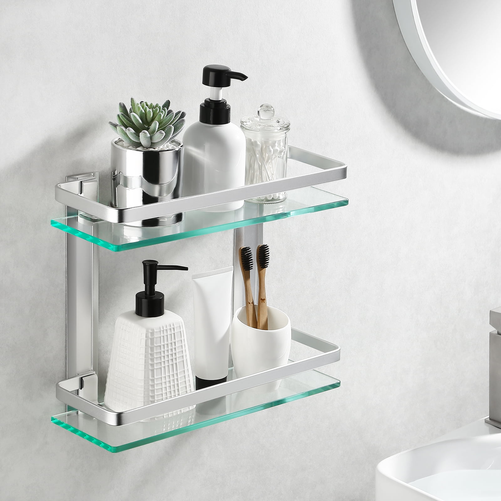 WAKLOND Bathroom Shelves, 2-Tier Glass Corner Shelf Wall Silver