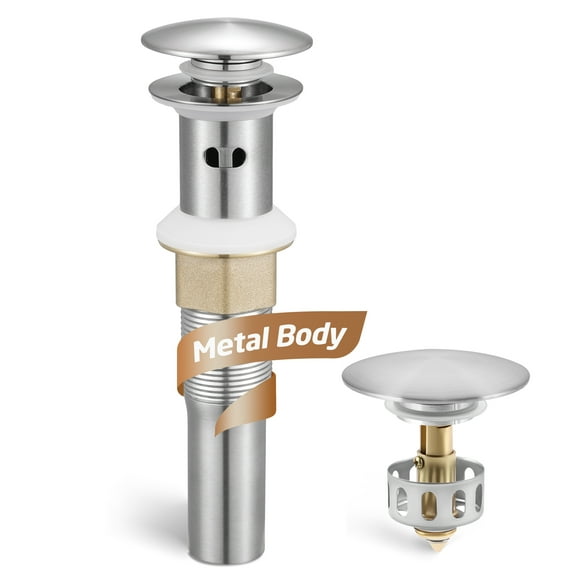 KES Bathroom Sink Drain, Pop Up Drain Stopper with Strainer Basket Hair Catcher, Brushed Nickel