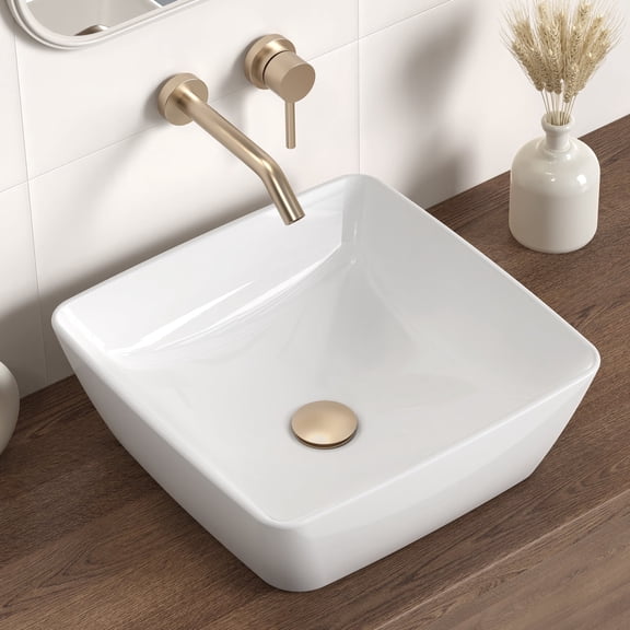 KES Bathroom Vessel Sink, 17 inch White Vessel Sink for Bathroom, Above Counter Square Ceramic Countertop Modern Sink for Cabinet Lavatory Vanity