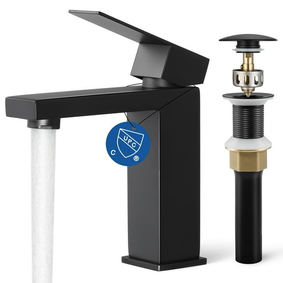 KES Black Bathroom Faucet and Bathroom Sink Drain without Overflow Stainless Steel Single Handle Faucet with Pop Up Drain Stopper, WMBF002F12BKC1