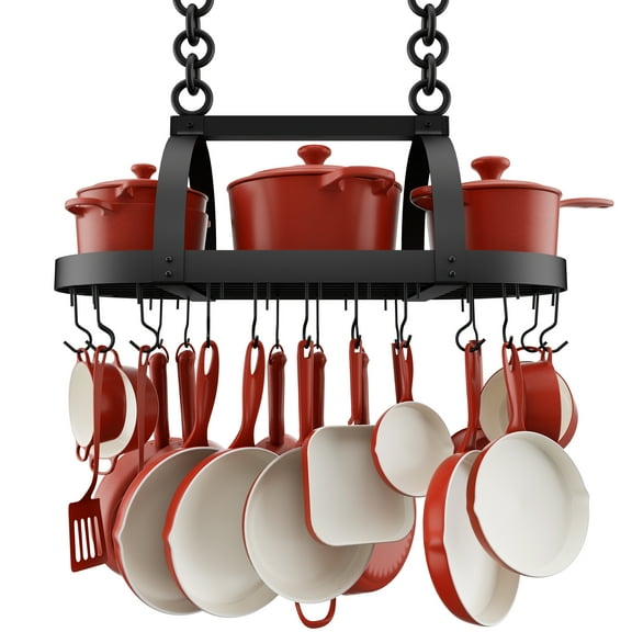 KES Black Ceiling Pot Rack 34 inch Hanging Pot Rack for Kitchen Oval Pot and Pan Rack Pot Hanger with 20 S Hooks (For 16" and 24" Stud Mount)