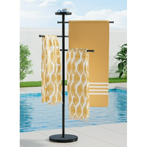 KES Black Outdoor Towel Rack with Marble Weighted Base, 5-Feet Pool Towel Rack Outdoor for Hot Tub 18/8 Stainless Steel, Adjustable 3 Arms with Storage Tray