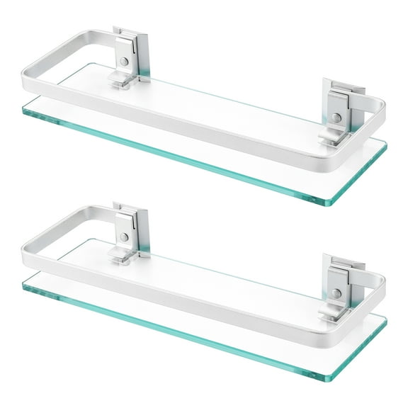KES Glass Shelves for Bathroom, Floating Glass Shelf Aluminum Tempered Glass 8mm Extra Thick 2 Pack Wall Mounted Silver