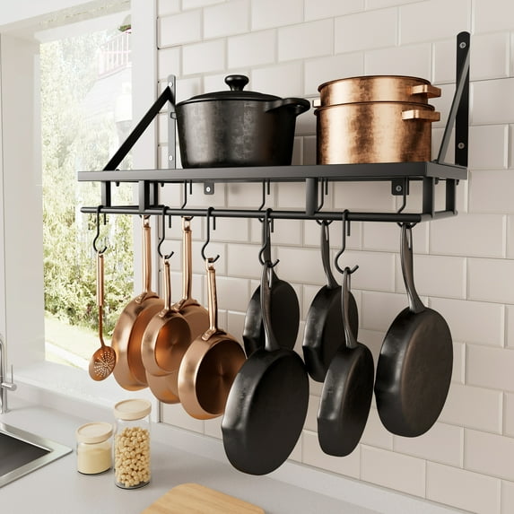 KES Hanging Pot Rack for Kitchen, 24 inch Kitchen Pot Pan Rack Organizer Wall Shelf With 12 Hooks Wall Mounted